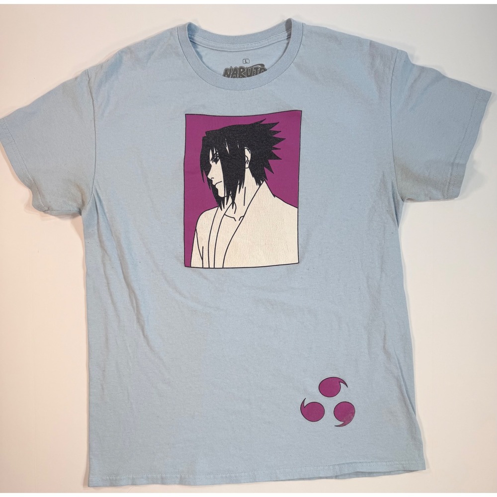 Naruto Sasuke Uchiha Graphic T-Shirt Light Blue Anime Mens Large Short Sleeve